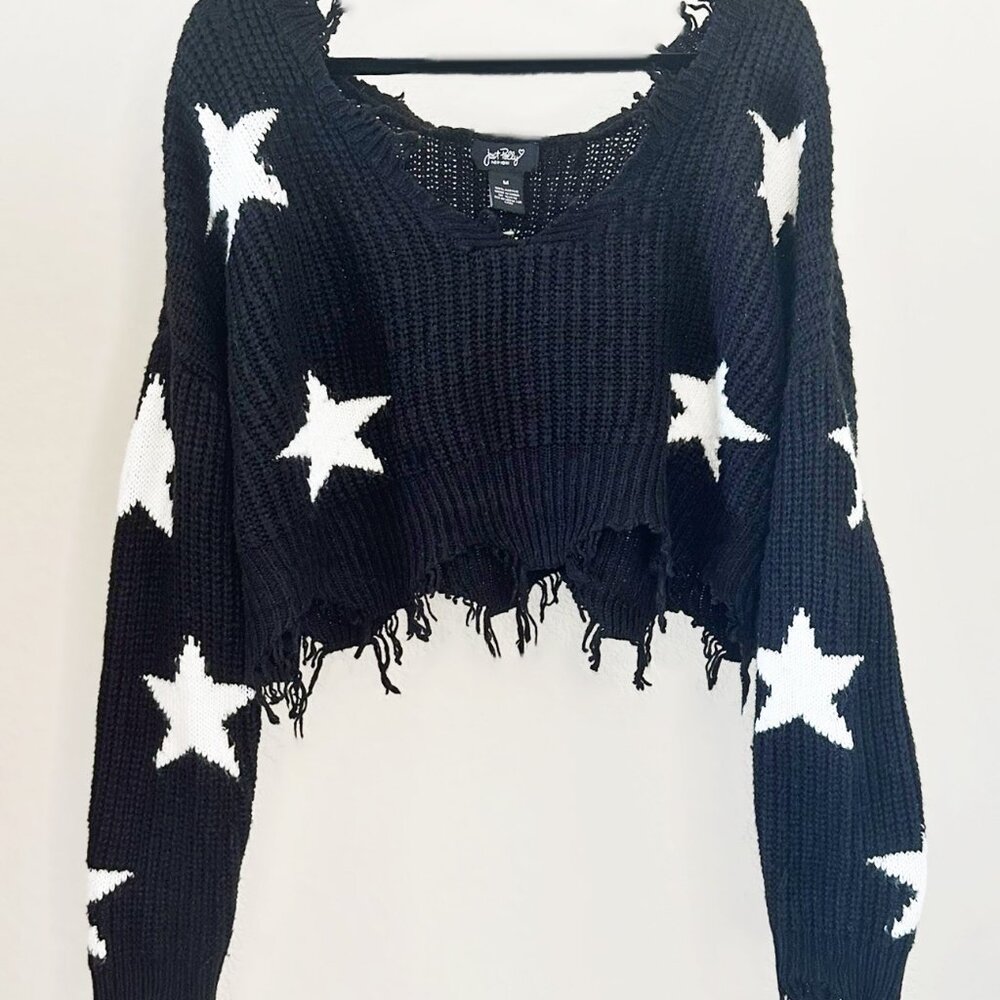 Oversized Cropped Black Sweater with White Stars, Just Polly Womens Size Medium